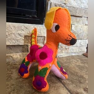 Handmade Mexican Folklore Orange Embroidered Floral Plush Dog